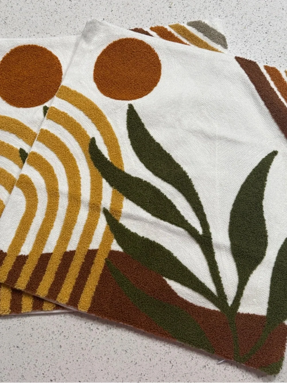 Boho White Pillow Covers With Green Leafs and Mustard accents Set of 2 L2